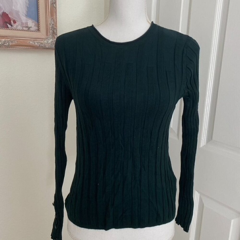 Topshop Forest Green Ribbed Round Neck Top Size 10 Layering Decorative Buttons